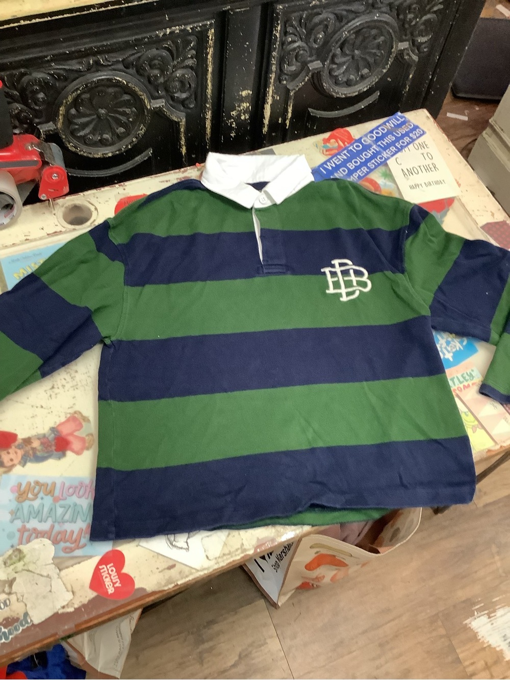 Striped Long Sleeve Rugby Tee in Green & Navy with White Collar